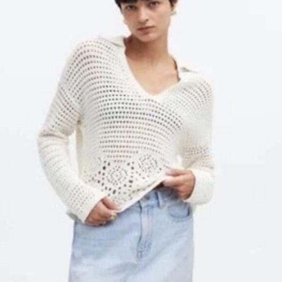 Madewell Valdera Crochet Polo V Neck Sweater Cotton Open Knit Ivory M NWOT - Picture 1 of 12
